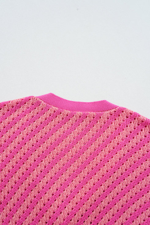 Pink Striped Buttoned V Neck Drop Shoulder Cardigan